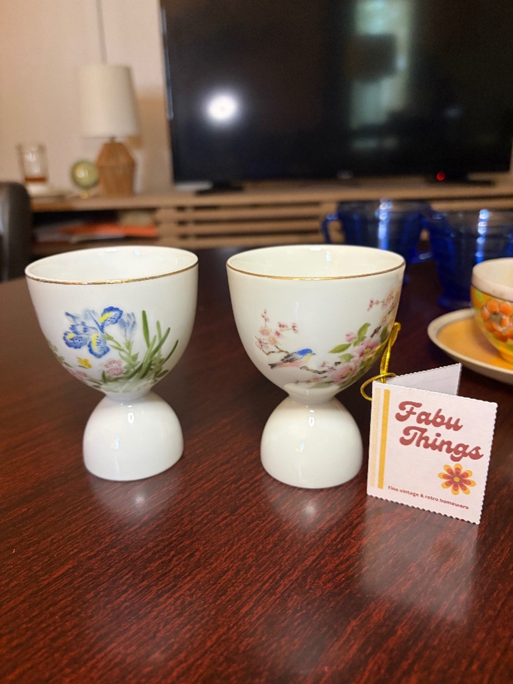 Set of 2 MCM (1950s-70s) Limoges Hand-Painted Porcelain Double-Sided Egg Cup 2pc